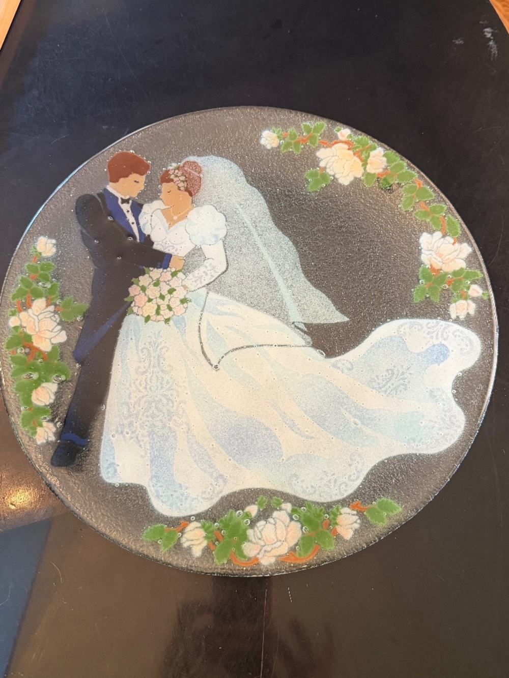 LRG VTG Peggy Karr Handcrafted Glass 13.75" Platter Bride Groom Wedding Decor
